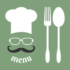 Hipster chef  hat with mustache and glasses.