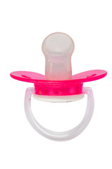 Pink pacifier. On white, isolated background.Top view. Flat lay.
