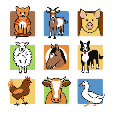 Nine popular farm and pet animals as colour icons