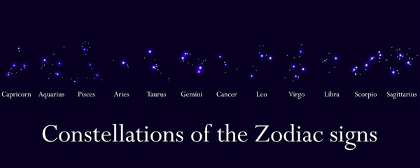 Zodiac signs. Constellations of the zodiac signs, horoscope. Star Cluster. Vector illustrations.