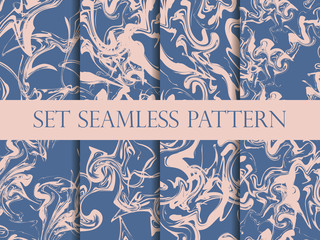 Materiał do szycia Marbling seamless pattern set. Watercolor marbling illustration. Colors: riverside and pale dogwood. Drawing on the water. Vector illustration.