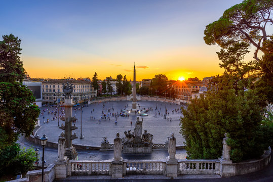 Sunset view of Piazza del Popolo (People's Square) in Rome, Italy
