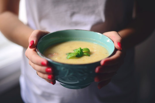 Woman hands holding bowl with home made vegetable soup - Healthy