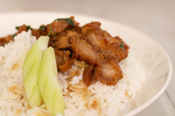 Fried pork on rice in white plate