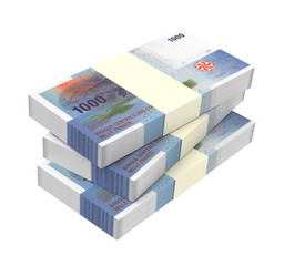 Comorian franc bills isolated on white background. 3D illustration.