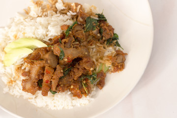 Fried pork on rice in white plate
