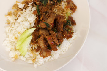 Fried pork on rice in white plate
