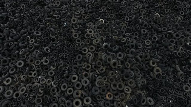 Aerial View Old Rubber, Tyre Tire, Wheel Of Cars In Recycling Factory 4k