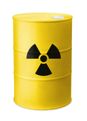 Front view of yellow barrel with radiation sign