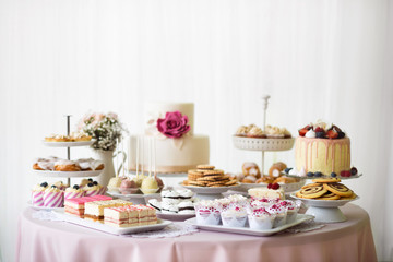 Table with loads of cakes, cupcakes, cookies and cakepops.