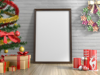 Golden gifts ,Christmas tree ,candle and empty picture frame in living room.3D rendering.