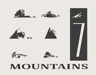Fototapeta na wymiar Mountain vector icons set. Set of mountain silhouette elements. Outdoor icon of the mountain tops, decorative symbols isolated. Camping mountain logo, travel labels, climbing or hiking badges.