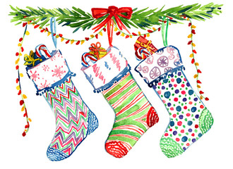 Christmas decoration with pine tree branches, striped colorful socks and ribbon, for greeting card,  hand painted watercolor illustration