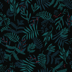 Obraz premium Christmas floral pattern. Vector illustration. Hand drawn seamless background Winter holiday backgrounds for design.