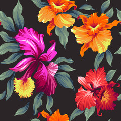 Fototapeta na wymiar Seamless exotic pattern with tropical leaves and flowers. Blooming jungle. Vector illustration.