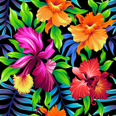 Seamless exotic pattern with tropical leaves and flowers. Blooming jungle. Vector illustration.
