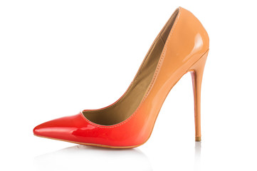 Red beige gradient on shoes Louboutin. On white, isolated background.