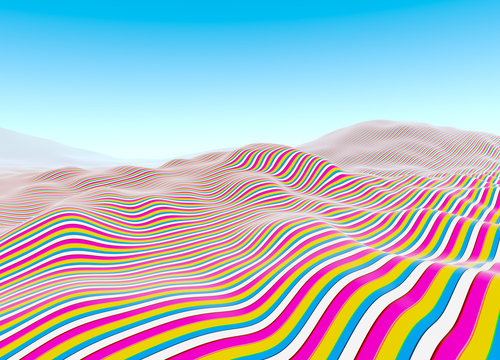 Colorful lines pattern, waves of stripes fading to blue sky 