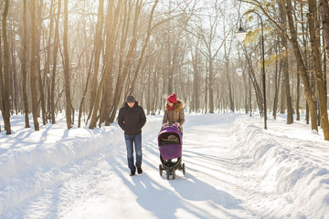 Fototapeta na wymiar Happy young family walking in the park in winter. The parents carry the baby in a stroller through the snow.