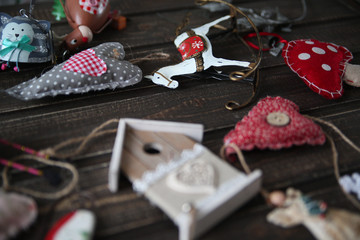 Christmas decorations on wooden dark background
