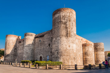 Fototapeta na wymiar Panorama of the Castello Ursino, also known as Castello Svevo di Catania, is a castle in Catania