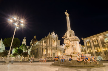 Fototapeta na wymiar Night view of the Piazza del Duomo with the statue of the Elephant and the cathedral in Catania