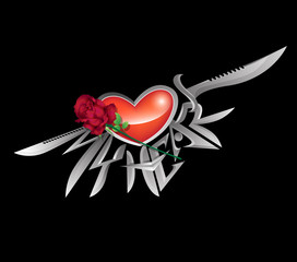 Tattoo designs. Text and heart-shaped knife