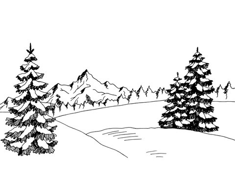 Winter landscape graphic art black white sketch illustration vector
