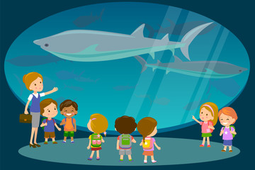 Group of kids watching sharks at oceanaruim aquarium excursion with a teacher. School or kindergarten students on filed trip. Modern flat style vector illustration cartoon.