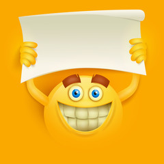 Happy smiley yellow round face with paper banner in hands