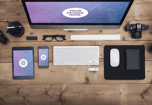 Desktop Computer, Tablet, and Smartphone on a Wooden Table with Creative Tools Mockup 2