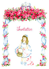 Little girl walking under wedding gazebo decorated with red roses and two kissing pigeons on the top and scattering petals from basket, invitation for wedding, isolated watercolor