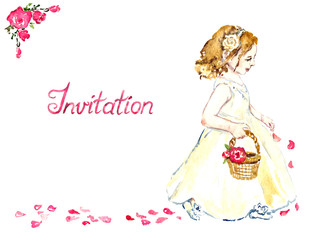 Portrait of little girl in white dress with flowers in blonde hair walking along and scattering petals of red rose from basket, design for wedding invitation, isolated hand painted