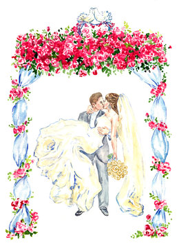 The groom holds his bride in his arms and kisses under gazebo decorated with red roses and two kissing pigeons on the top, hand painting watercolor illustration