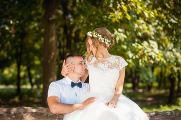 Bride and groom at wedding Day walking Outdoors