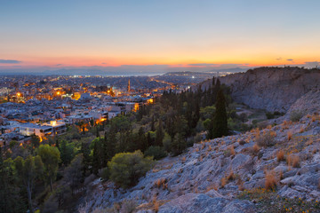 Evening view of Athens from Filopappou hill, Greece.
