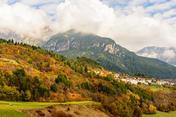 View of colors of Dolomites in autumn