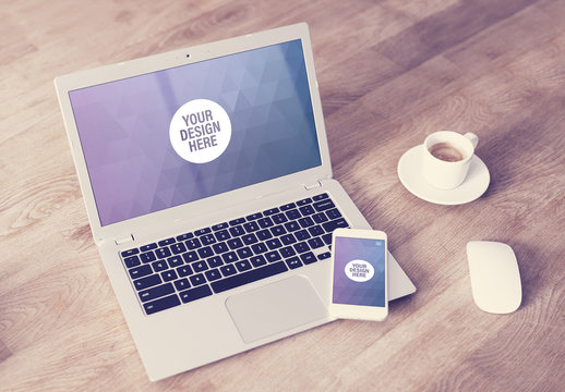 Laptop and Smartphone on Wooden Table with Coffee Cup Mockup 1