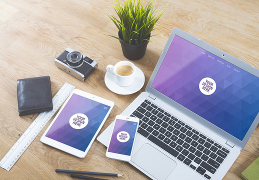 Laptop, Tablet, and Smartphone on Wooden Table with Coffee Cup Mockup 1
