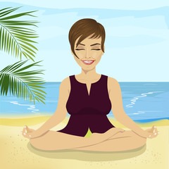 Fototapeta na wymiar young smiling businesswoman doing yoga on tropical beach