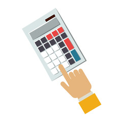 hand touching a calculator keyboard. electronic device icon over white background. vector illustration