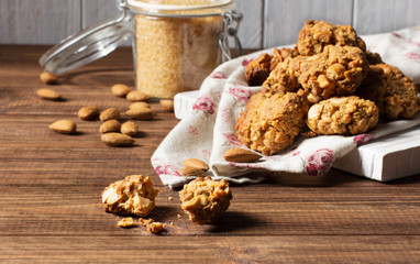 Caramel cookies with nuts, selective focus, horizontal