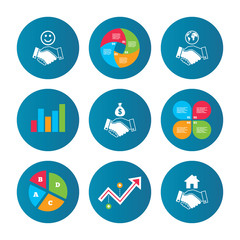 Handshake icons. World, Smile happy face.