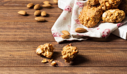 Caramel cookies with nuts, selective focus, horizontal