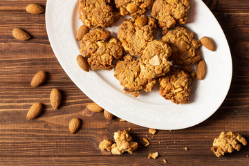 Caramel cookies with nuts, soft focus, horizontal, top view