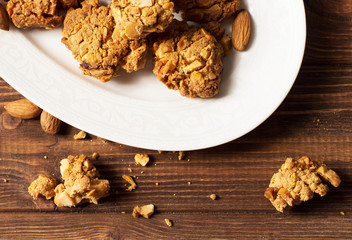 Caramel cookies with nuts, soft focus, horizontal, top view