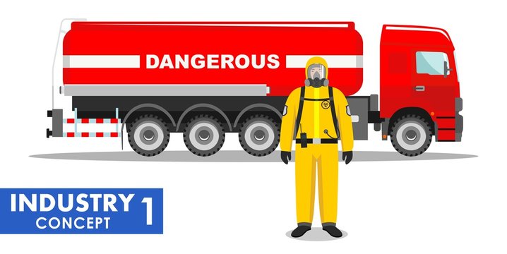 Industry concept. Detailed illustration of cistern truck carrying chemical, radioactive, toxic, hazardous substances and worker in protective suit on white background in flat style. Vector