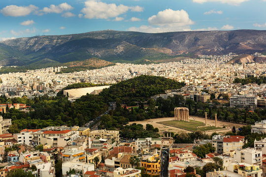 View from Acropolis to the Temple of Olympian Zeus and Athens, Greece
