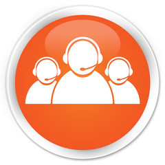 Customer care team icon orange glossy round button
