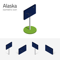 Fototapeta premium Flag of Alaska (State of Alaska, USA), vector set of isometric flat icons, 3D style, different views. Editable design element for banner, website, presentation, infographic, poster, map, card. Eps 10